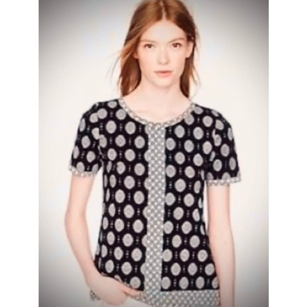J. Crew Navy & White Geometric Patterned Short Sleeve Silky Cotton Blouse Top